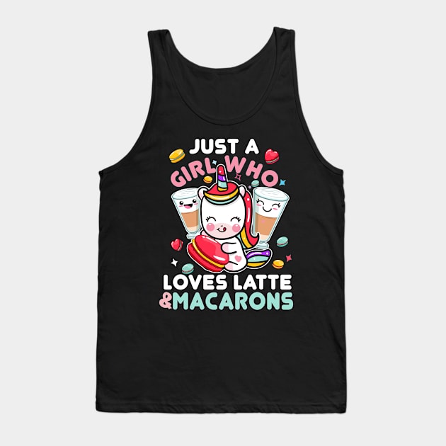 Just A Girl Who Loves Latte and Macarons Cute Kawaii Unicorn Tank Top by Kawaii_Tees